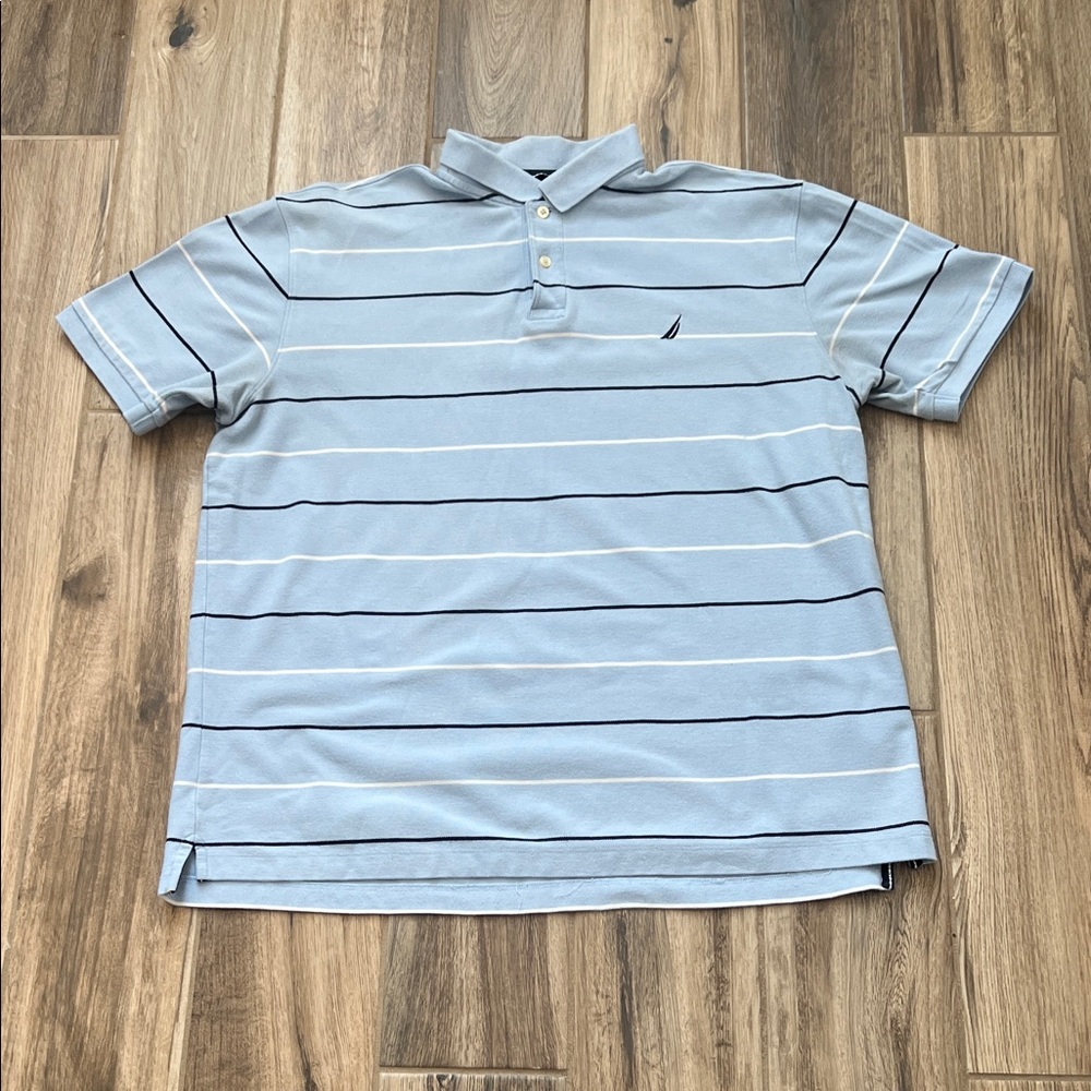 Nautica Men's Light Blue Polo with White and Navy Stripes